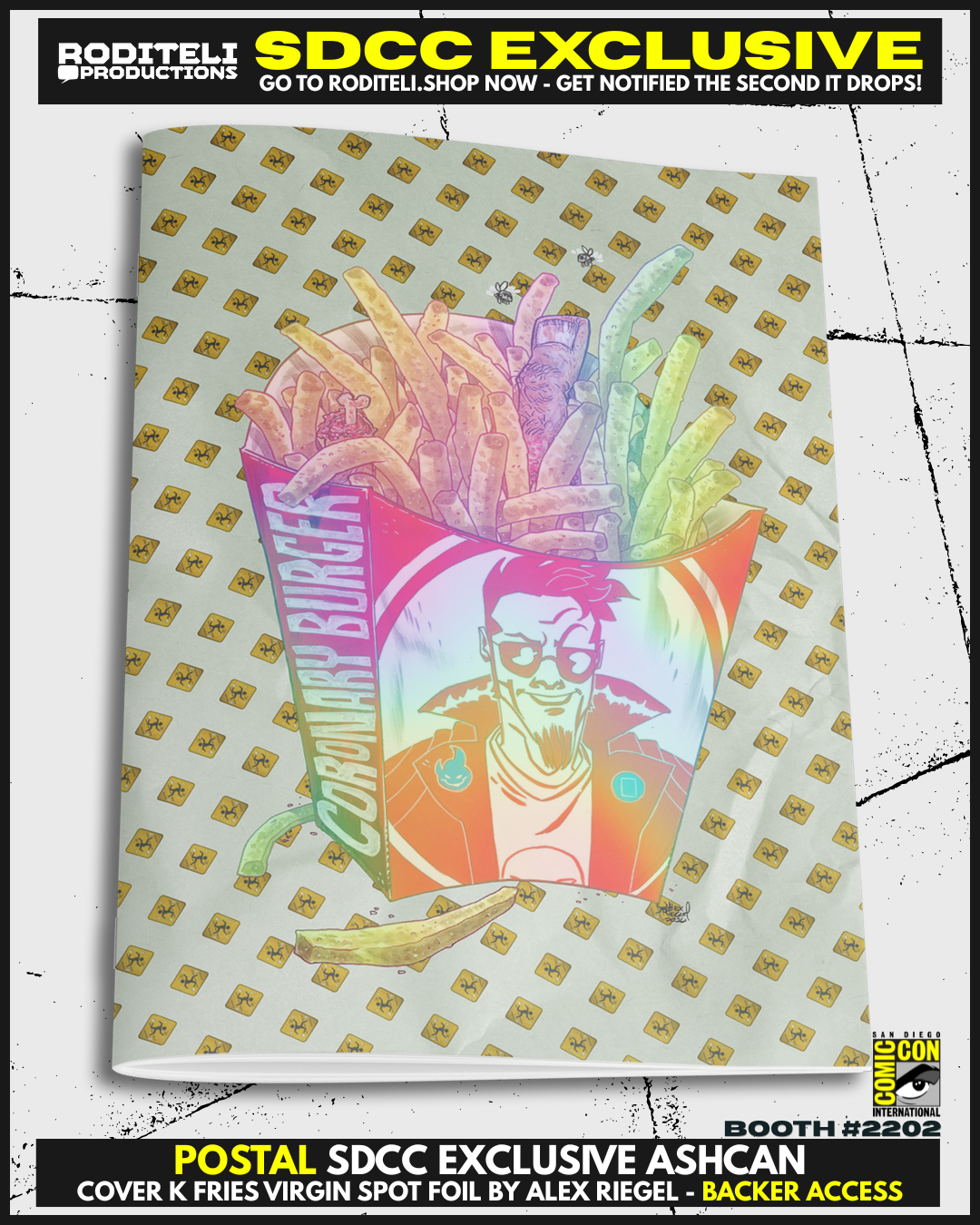 POSTAL ASHCAN COVER K SPOT FOIL FRIES BY ALEX RIEGEL | SDCC EXCLUSIVE | BACKER ACCESS (ONLY 4 COPY AVAILABLE)